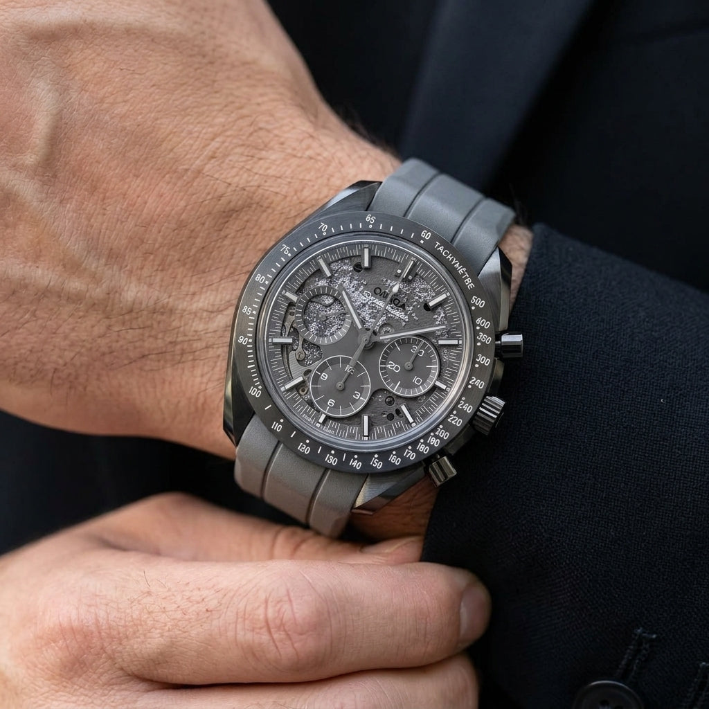 All-grey ceramic moon chronograph with a sparkling relief dial on the wrist as a shirt cuff is fastened