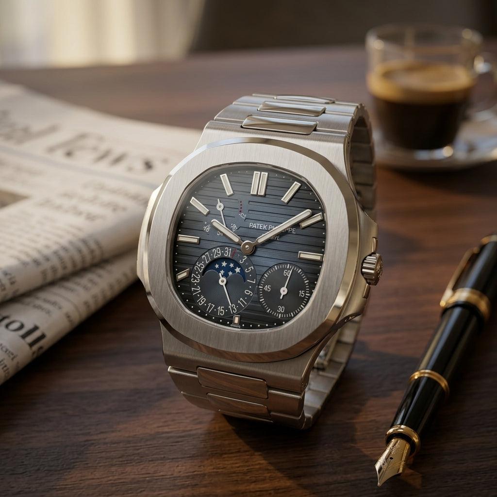 Steel moonphase sports watch with a blue gradient dial on a dark walnut desk beside a fountain pen
