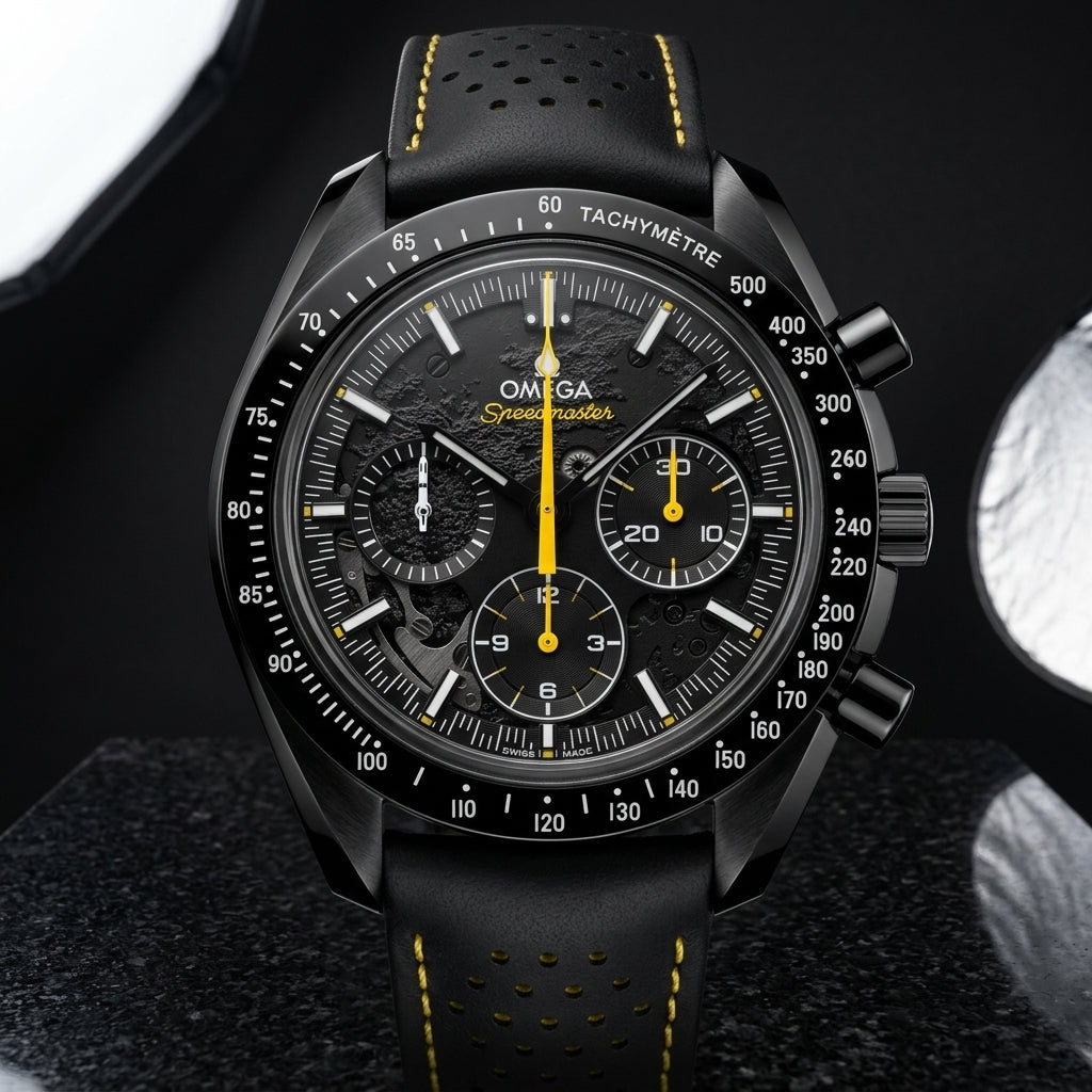 Black ceramic moon chronograph on a black perforated strap with yellow stitching, worn on a wrist below a navy suit cuff