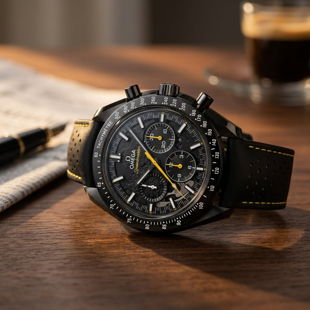 Black ceramic moon chronograph with a yellow chronograph hand on a dark walnut desk beside a fountain pen