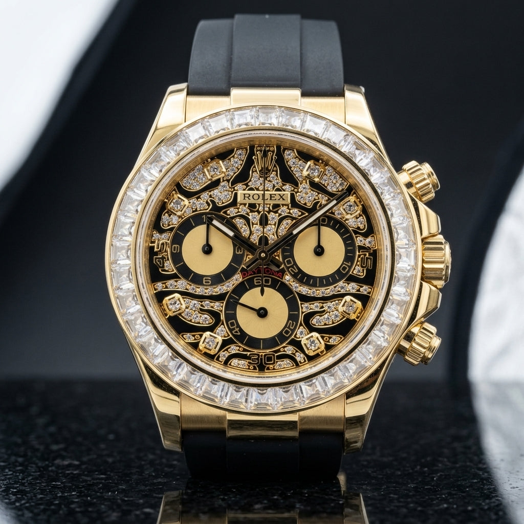 Yellow gold chronograph with a pavé leopard dial on its black rubber strap, worn on the wrist below a dark suit cuff