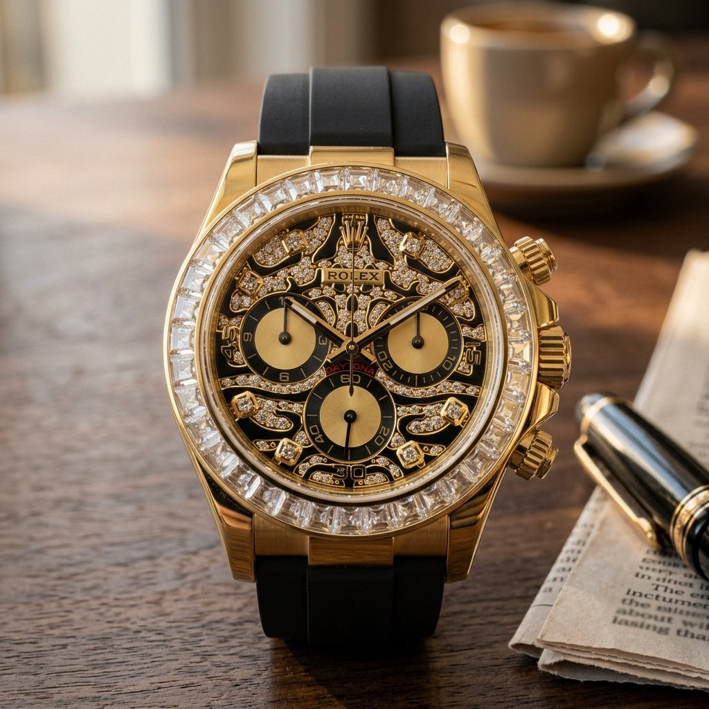 Yellow gold chronograph with a pavé leopard dial and a clear baguette bezel on a dark walnut desk beside a fountain pen