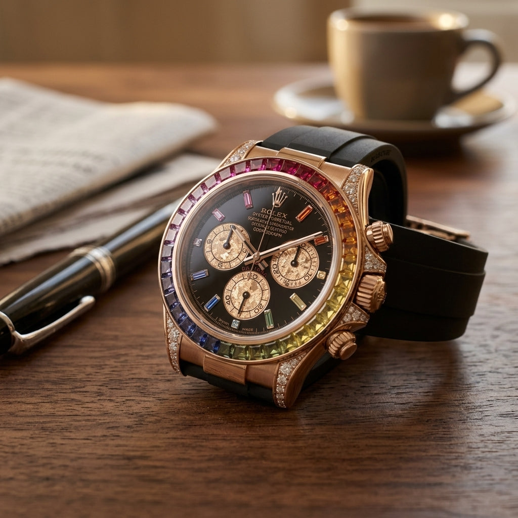 Rose-gold chronograph with a rainbow stone bezel and black dial on a dark walnut desk beside a fountain pen