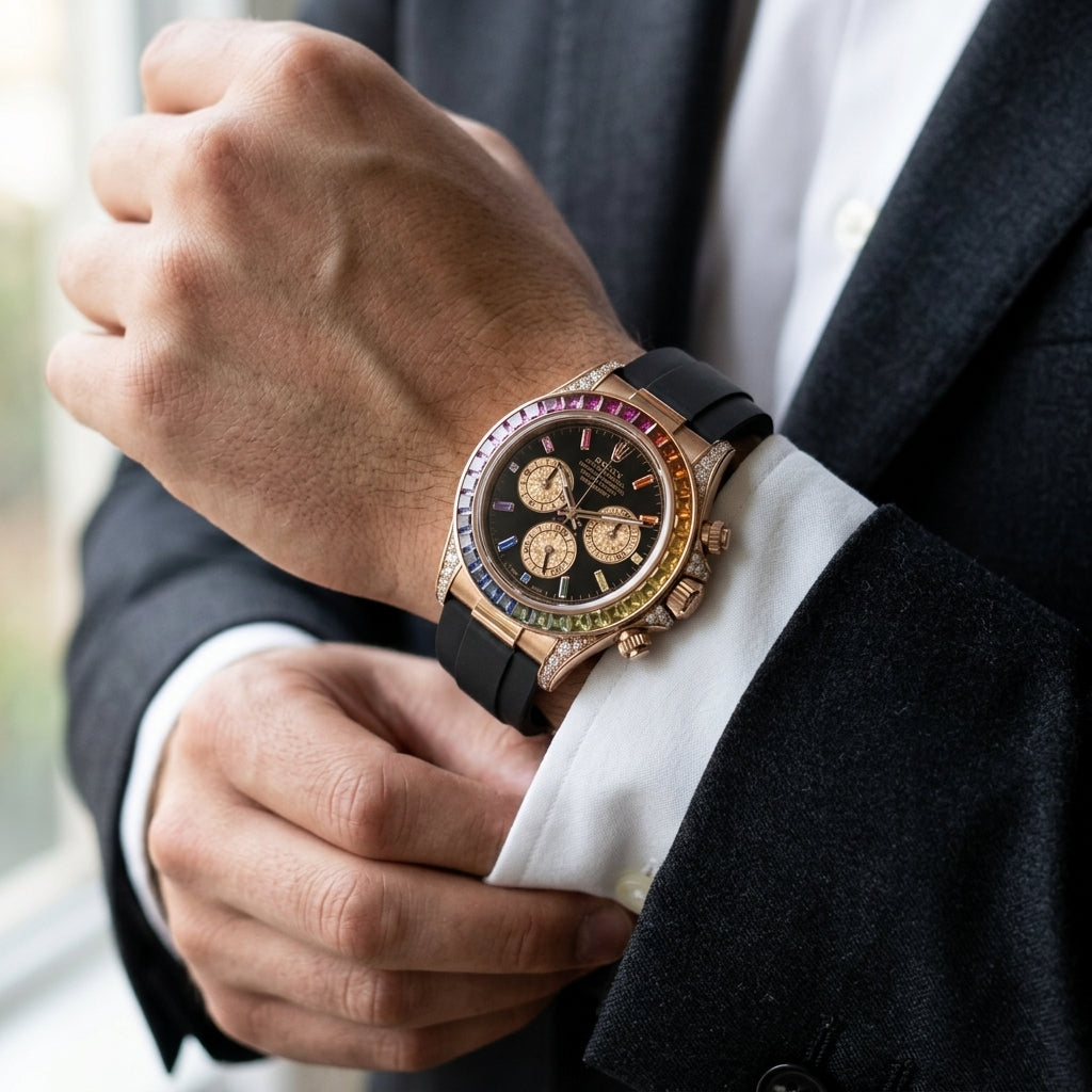 Rose-gold chronograph with rainbow baguette markers on the wrist as a white shirt cuff is fastened under a dark suit sleeve