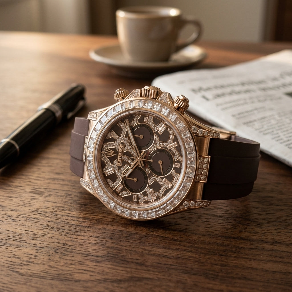 Rose gold chronograph with a brown leopard pavé dial on a dark walnut desk beside a leather notebook