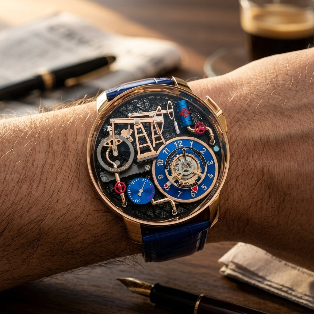 Oil pump watch with a gold case and blue strap, worn at a dark walnut desk beside a fountain pen