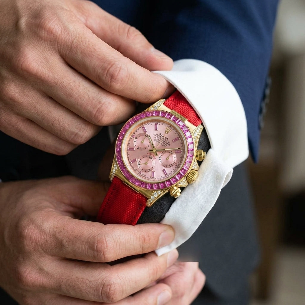 Gold-tone chronograph with a pink dial and a pink stone bezel on the wrist as a shirt cuff is fastened