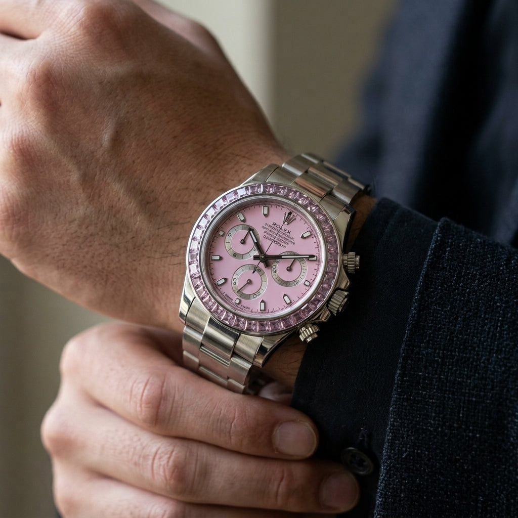 Steel chronograph with a soft pink dial and a matched pink stone bezel on the wrist as a shirt cuff is fastened