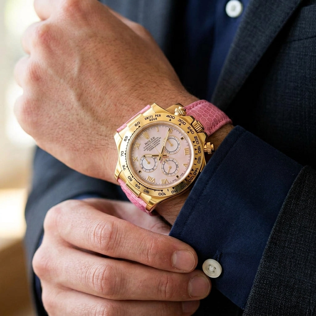 Gold-tone chronograph with a pink mother-of-pearl dial and a tachymeter bezel on the wrist as a shirt cuff is fastened