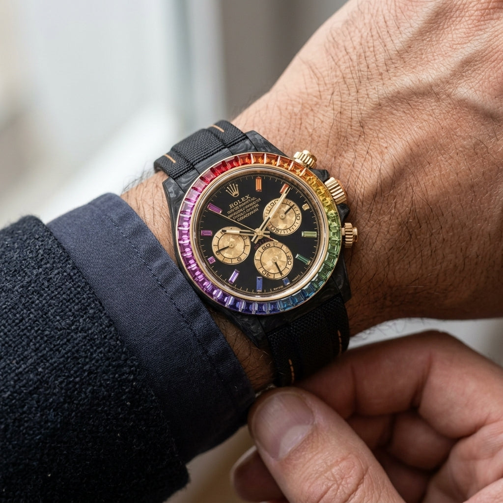 Forged carbon chronograph with a gold-set rainbow stone bezel and a black dial on the wrist as a shirt cuff is fastened