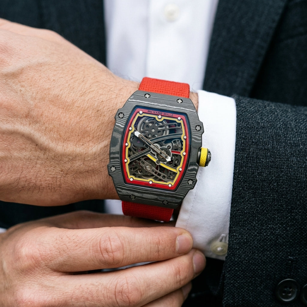 Carbon tonneau skeleton watch on its red elastic strap on the wrist as a shirt cuff is fastened