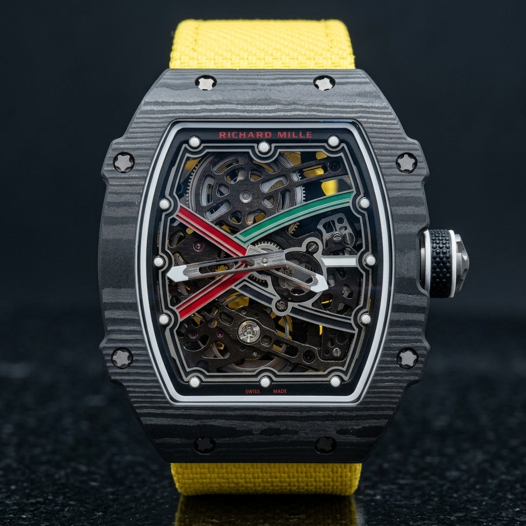 Black carbon tonneau watch on a bright yellow elastic strap, worn on the wrist below a navy suit cuff