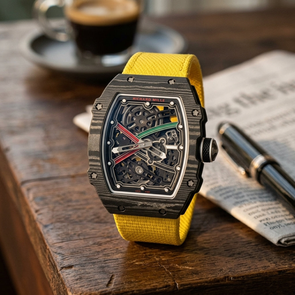 Black carbon tonneau watch with a red and green X and a yellow strap on a dark walnut desk beside a fountain pen
