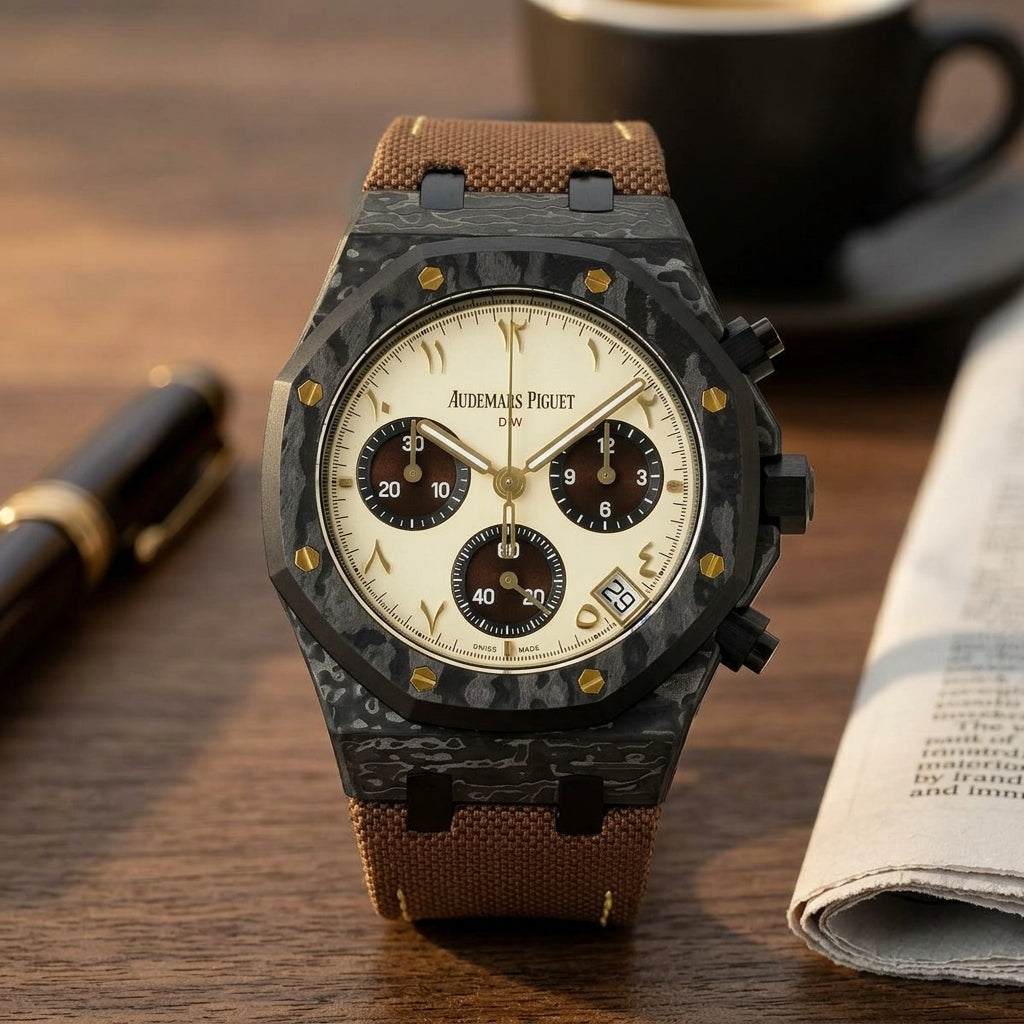 Black forged-carbon octagonal chronograph with a cream dial and gold Eastern Arabic numerals on a dark walnut desk beside a fountain pen