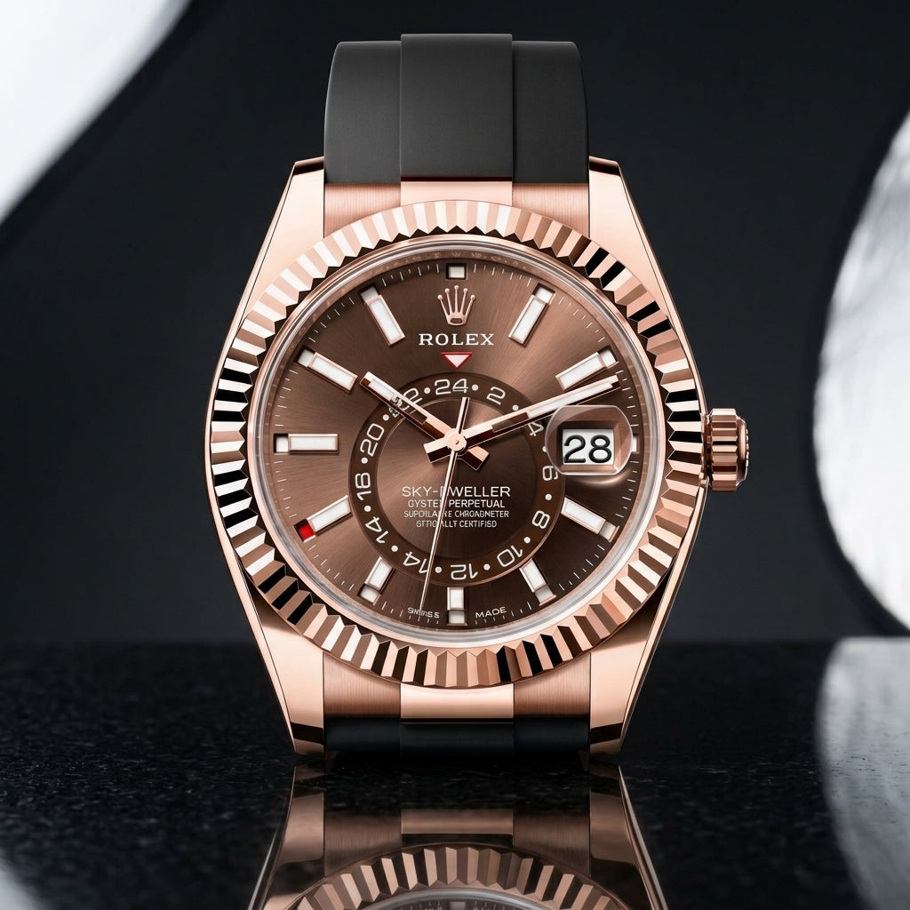 Rose-gold dual-time watch standing on dark stone, its black rubber strap curving away behind the case