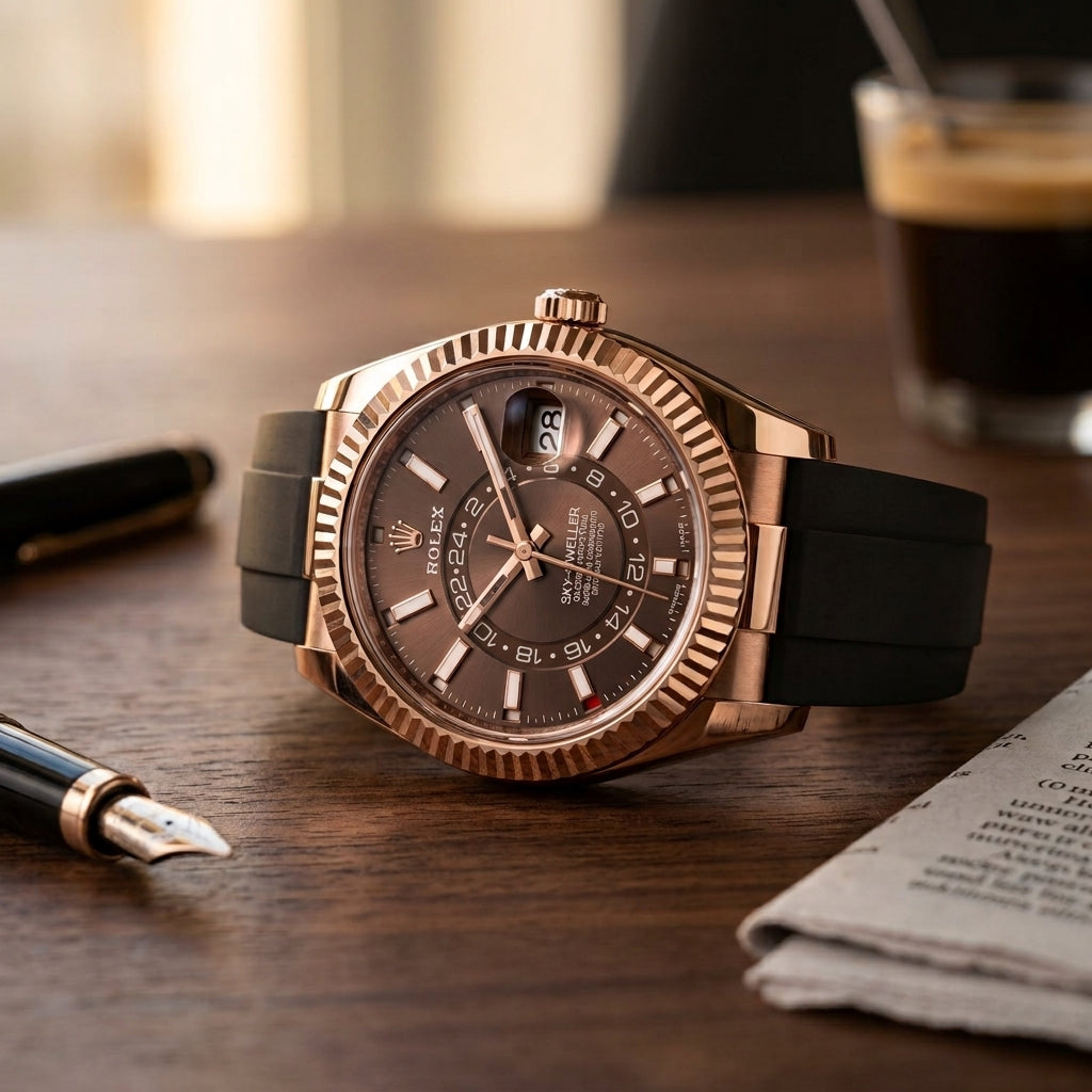 Rose-gold dual-time watch with a chocolate dial on a dark walnut desk beside a fountain pen