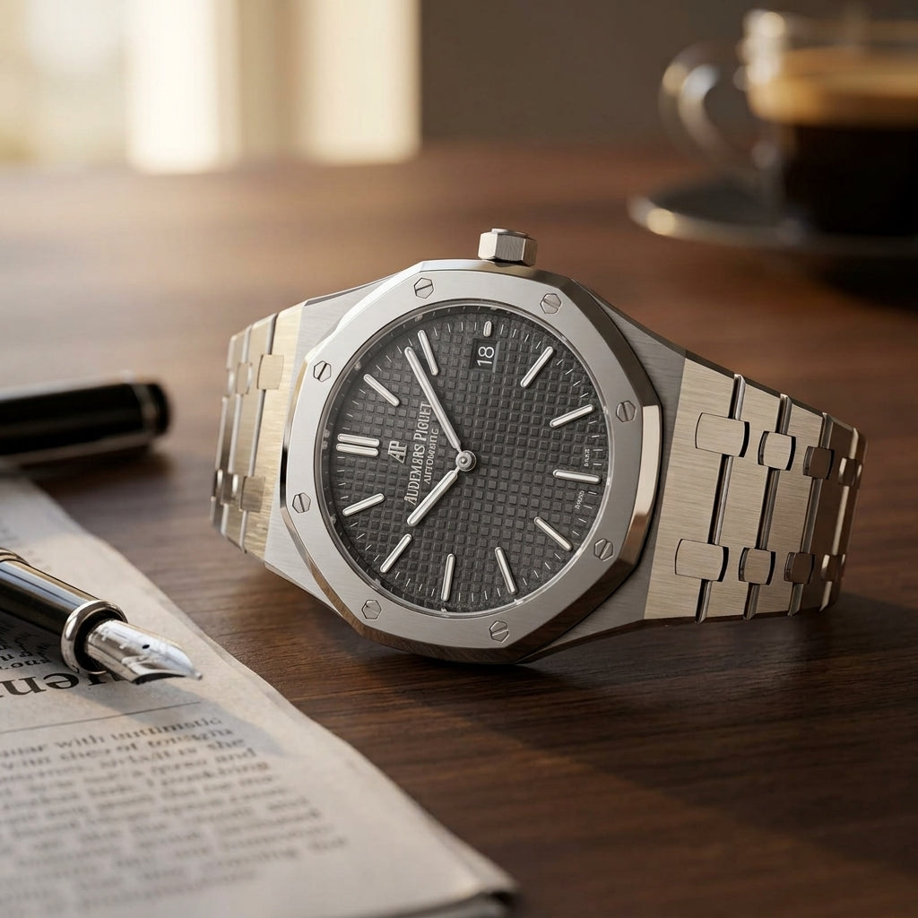 Extra-thin steel octagonal sports watch with a slate tapisserie dial on a dark walnut desk beside a fountain pen