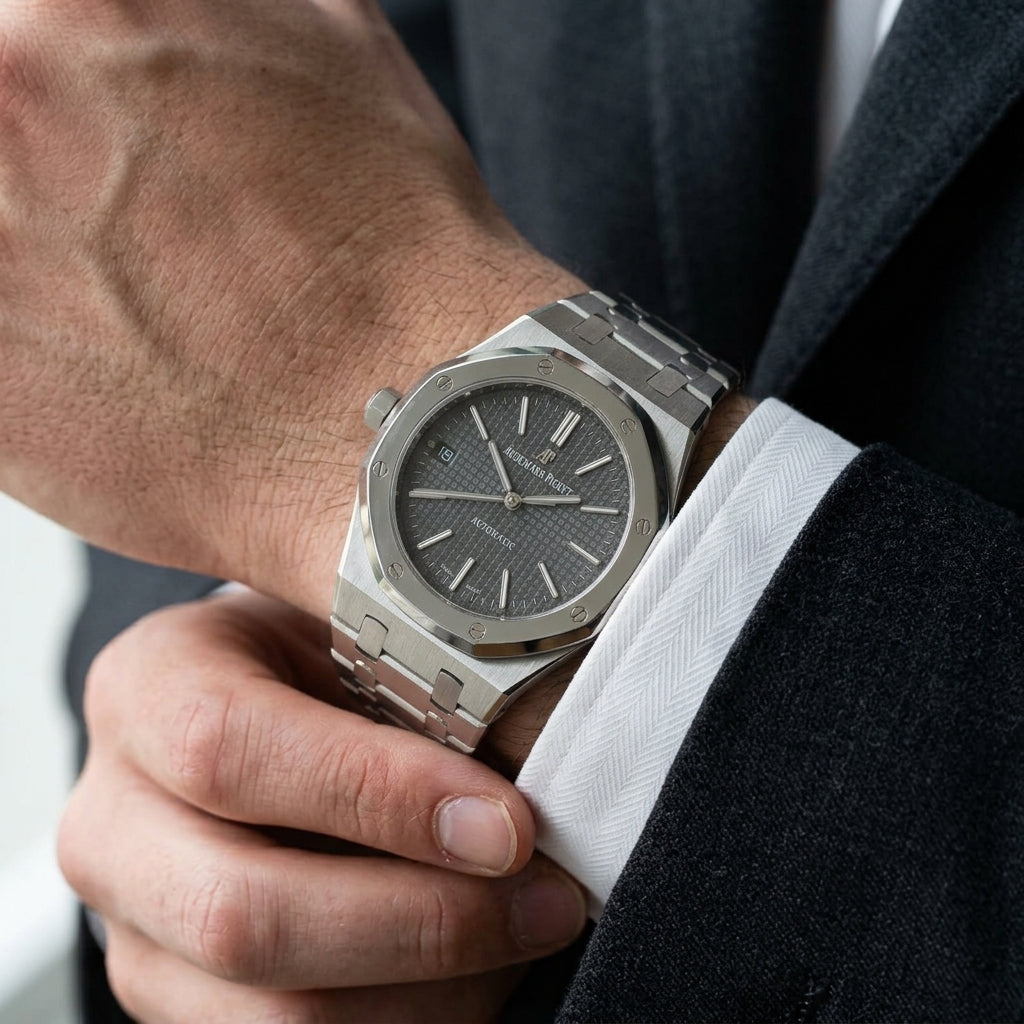 Extra-thin steel octagonal sports watch with a slate tapisserie dial on the wrist as a shirt cuff is fastened
