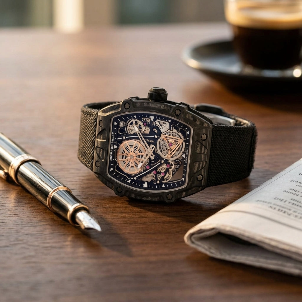 All-black carbon skeleton tourbillon watch on a dark walnut desk beside a fountain pen