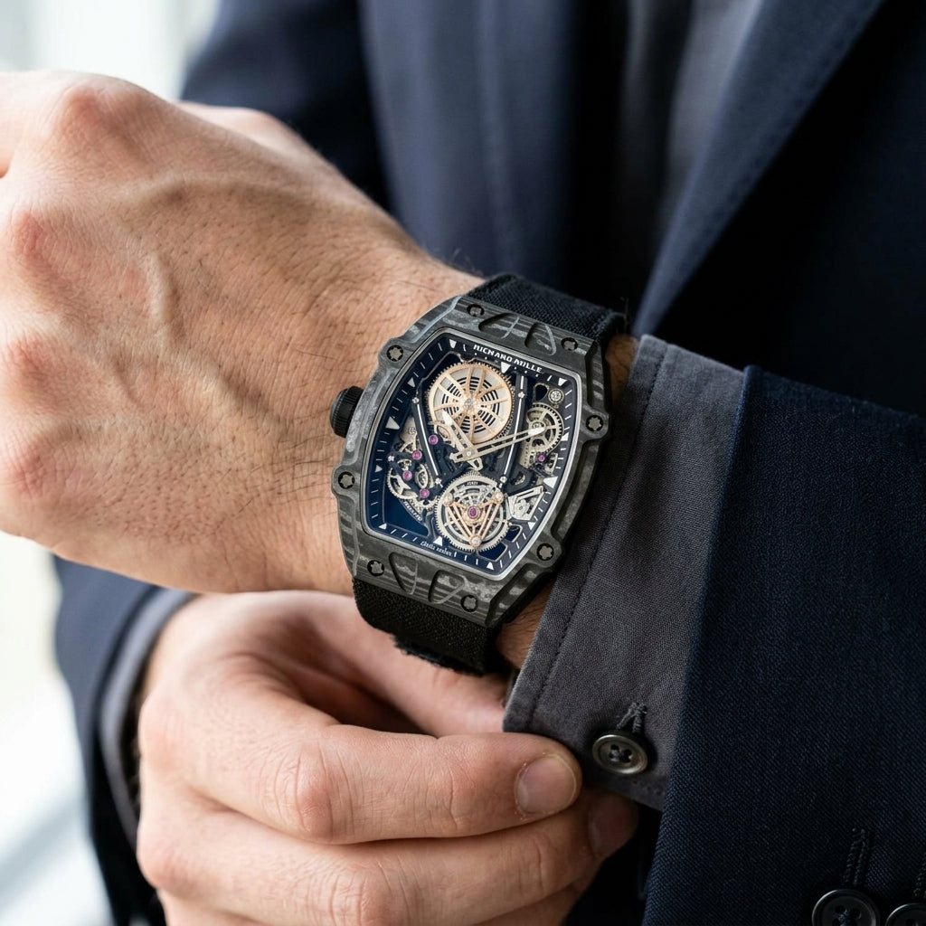 All-black carbon skeleton tourbillon watch on the wrist as a shirt cuff is fastened