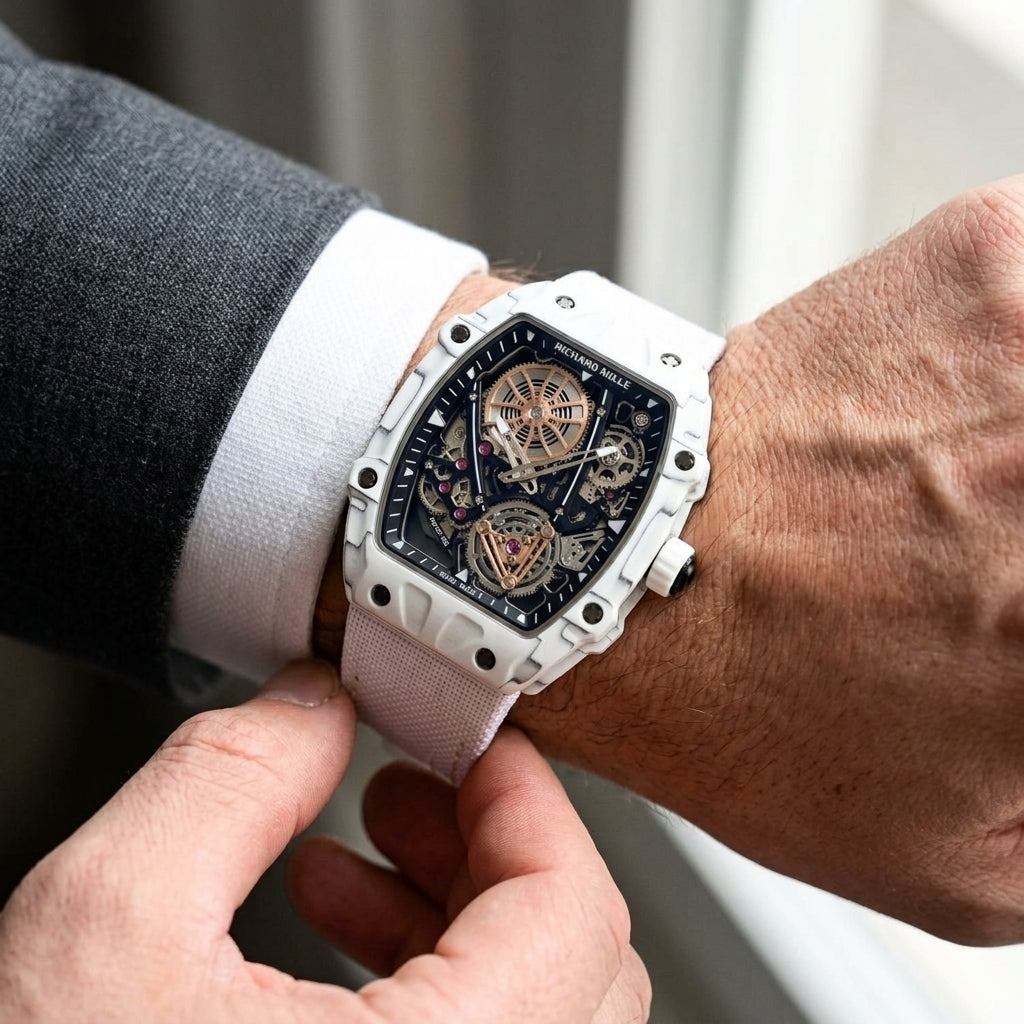All-white carbon skeleton tourbillon watch on the wrist as a shirt cuff is fastened