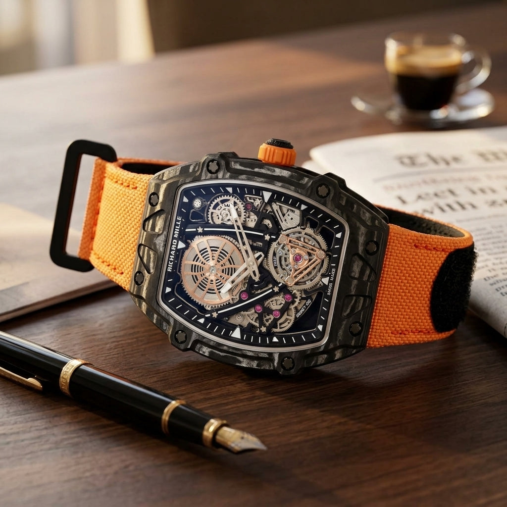 Black carbon skeleton tourbillon watch with an orange strap on a dark walnut desk beside a fountain pen
