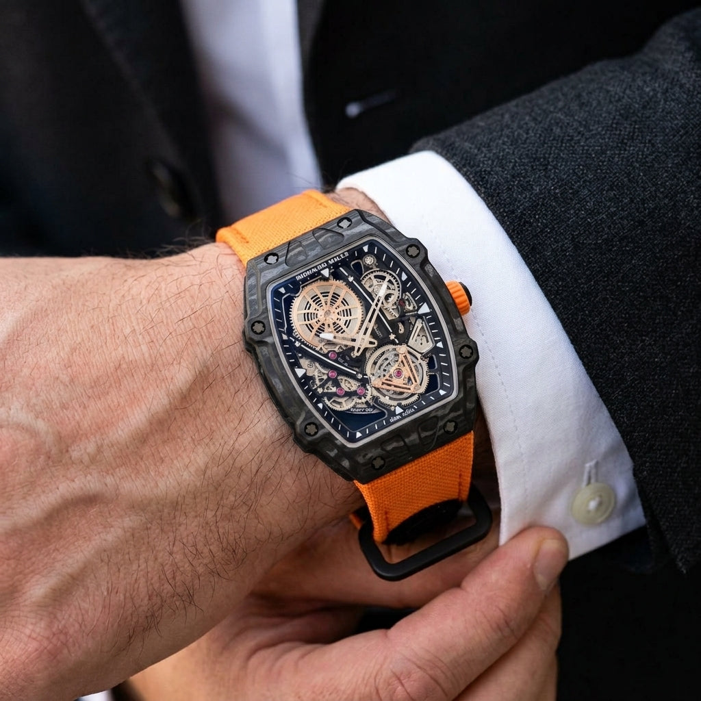Black carbon skeleton tourbillon watch with an orange strap on the wrist as a shirt cuff is fastened