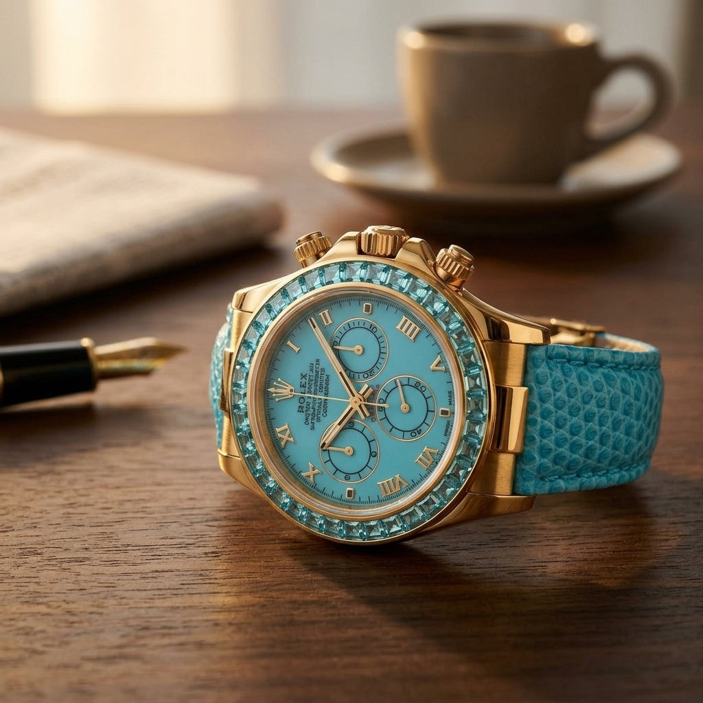 Gold-tone chronograph with a turquoise Roman dial and an aqua-blue stone bezel on a dark walnut desk beside a fountain pen