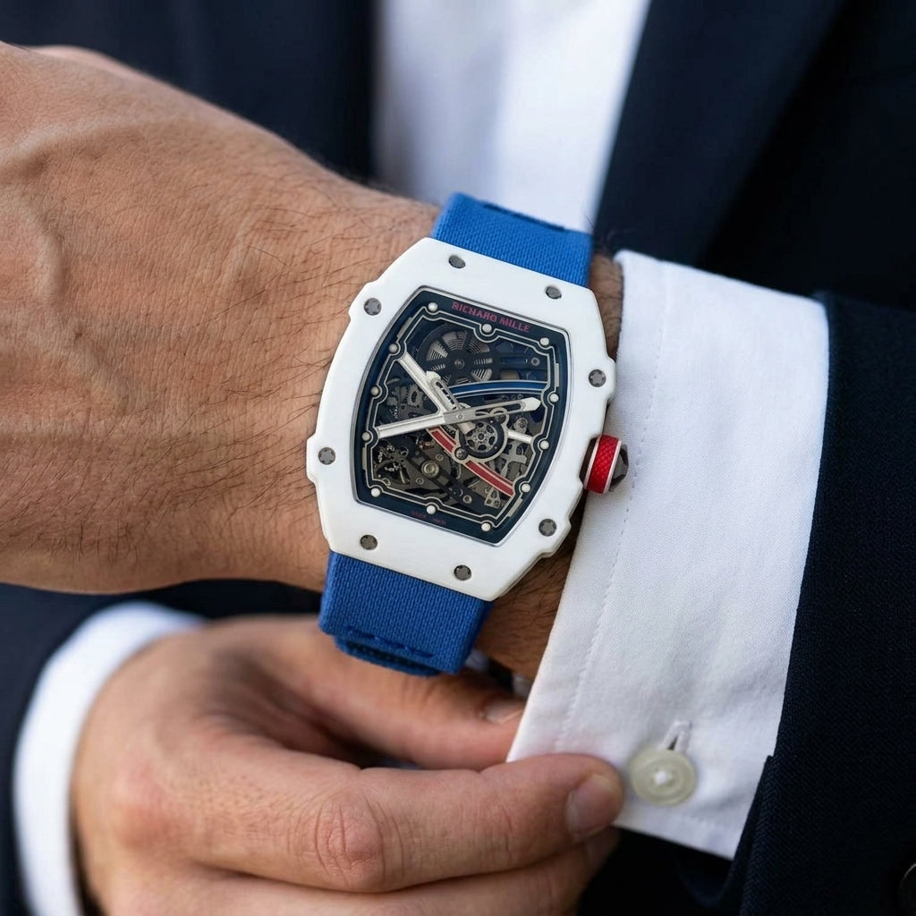 Ultra-thin white skeleton tonneau watch with blue and red details on the wrist as a shirt cuff is fastened
