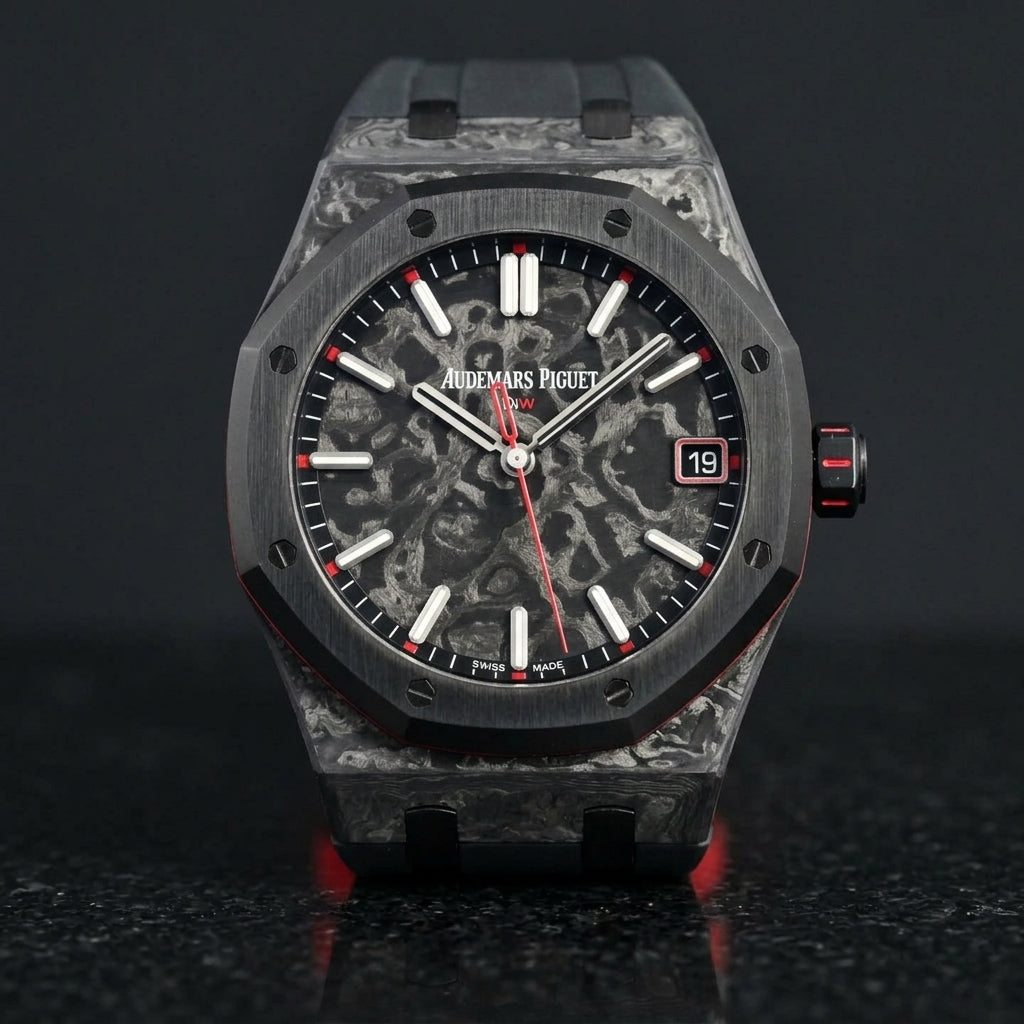 Forged carbon octagonal watch and bracelet upright on black granite