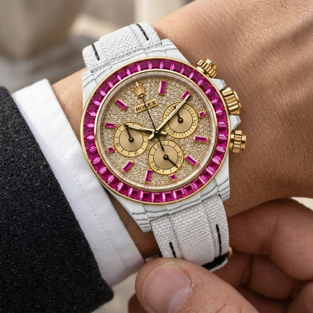 White carbon chronograph with a fuchsia stone bezel and a paved gold dial on the wrist as a shirt cuff is fastened