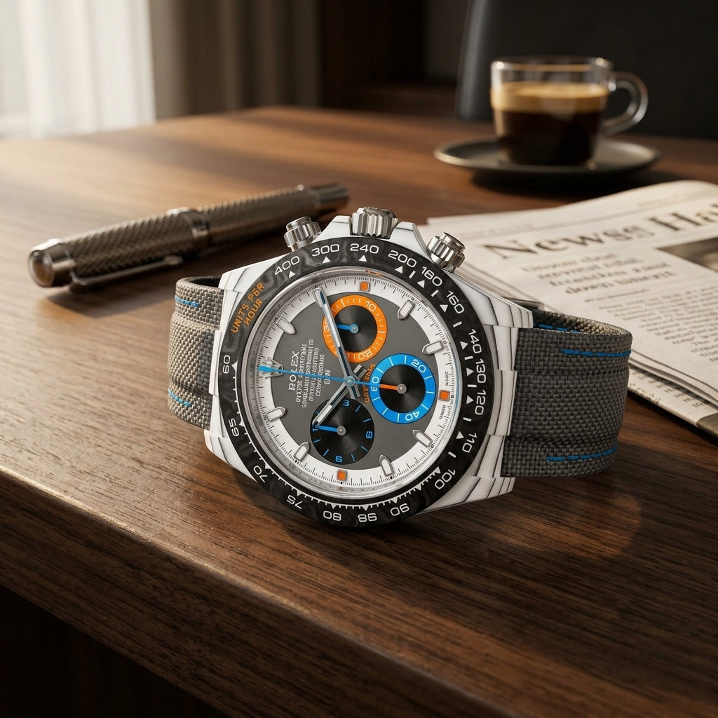 White ribbed-case chronograph with orange and blue counters on a dark walnut desk beside a fountain pen