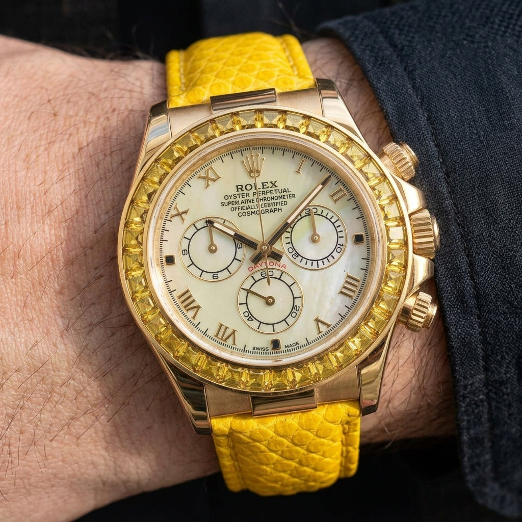 Gold-tone chronograph with a yellow mother-of-pearl dial and a golden-yellow stone bezel on the wrist as a shirt cuff is fastened