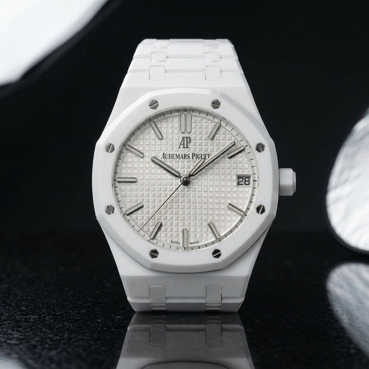 Octagonal Sports Watch — White Ceramic — studio photograph on black granite