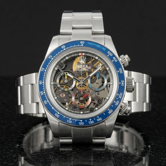 Steel skeleton chronograph with a glossy blue tachymetre bezel, upright on polished black granite