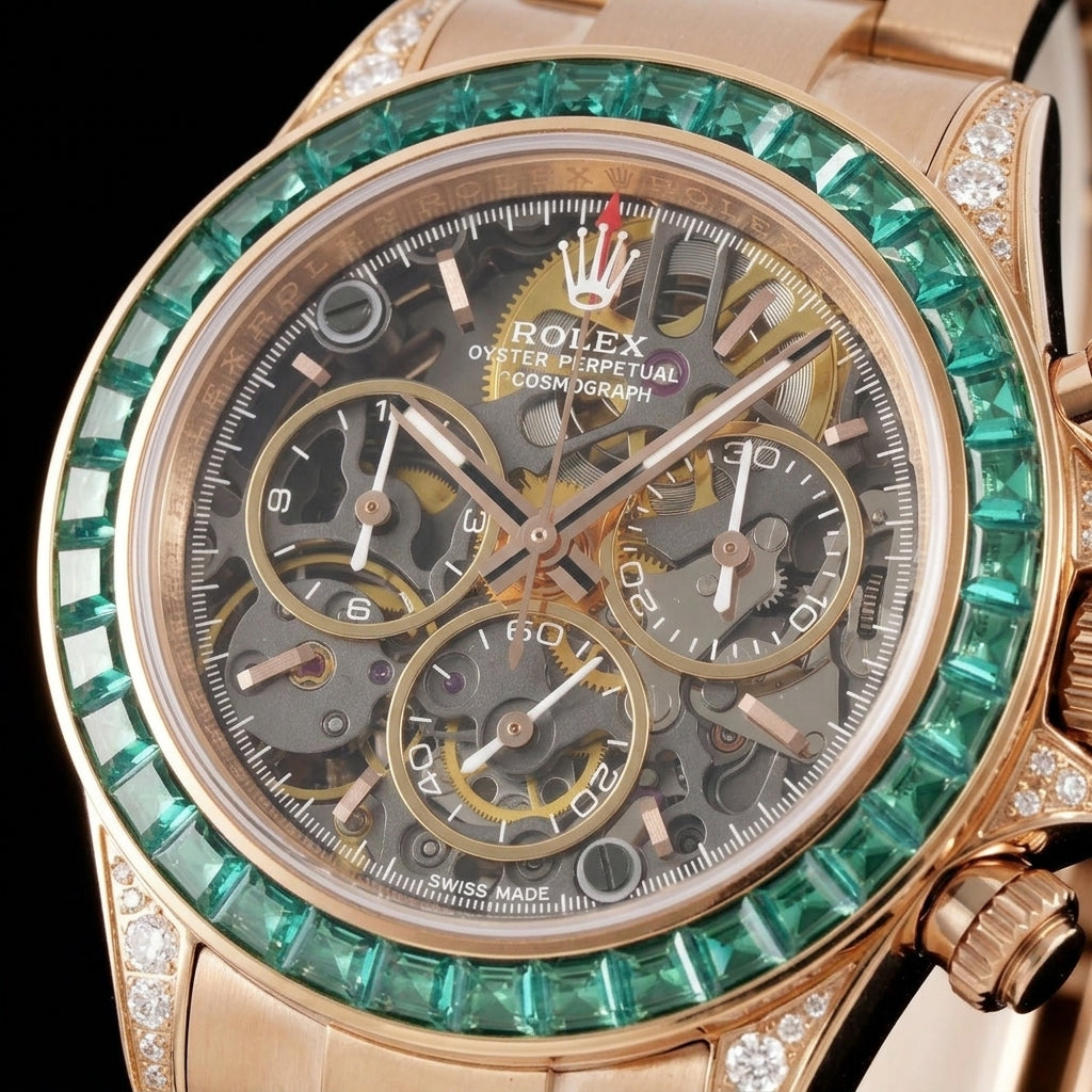 Macro of the open grey skeleton dial with rose gold counters, rose gold batons and the red-tipped chronograph hand