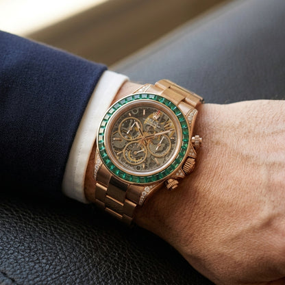 Rose gold skeleton chronograph with a green baguette bezel on its rose gold bracelet, worn on the wrist below a dark suit cuff