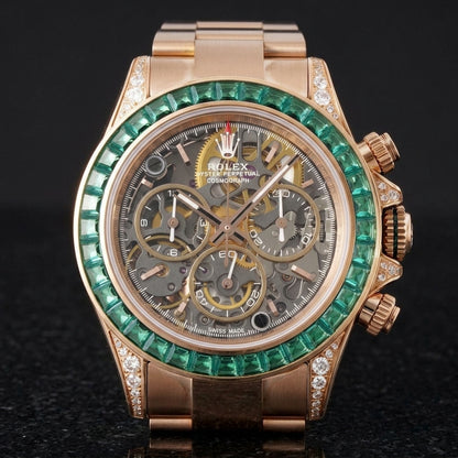 Rose gold skeleton chronograph with a green baguette bezel on its rose gold bracelet, worn on the wrist below a dark suit cuff
