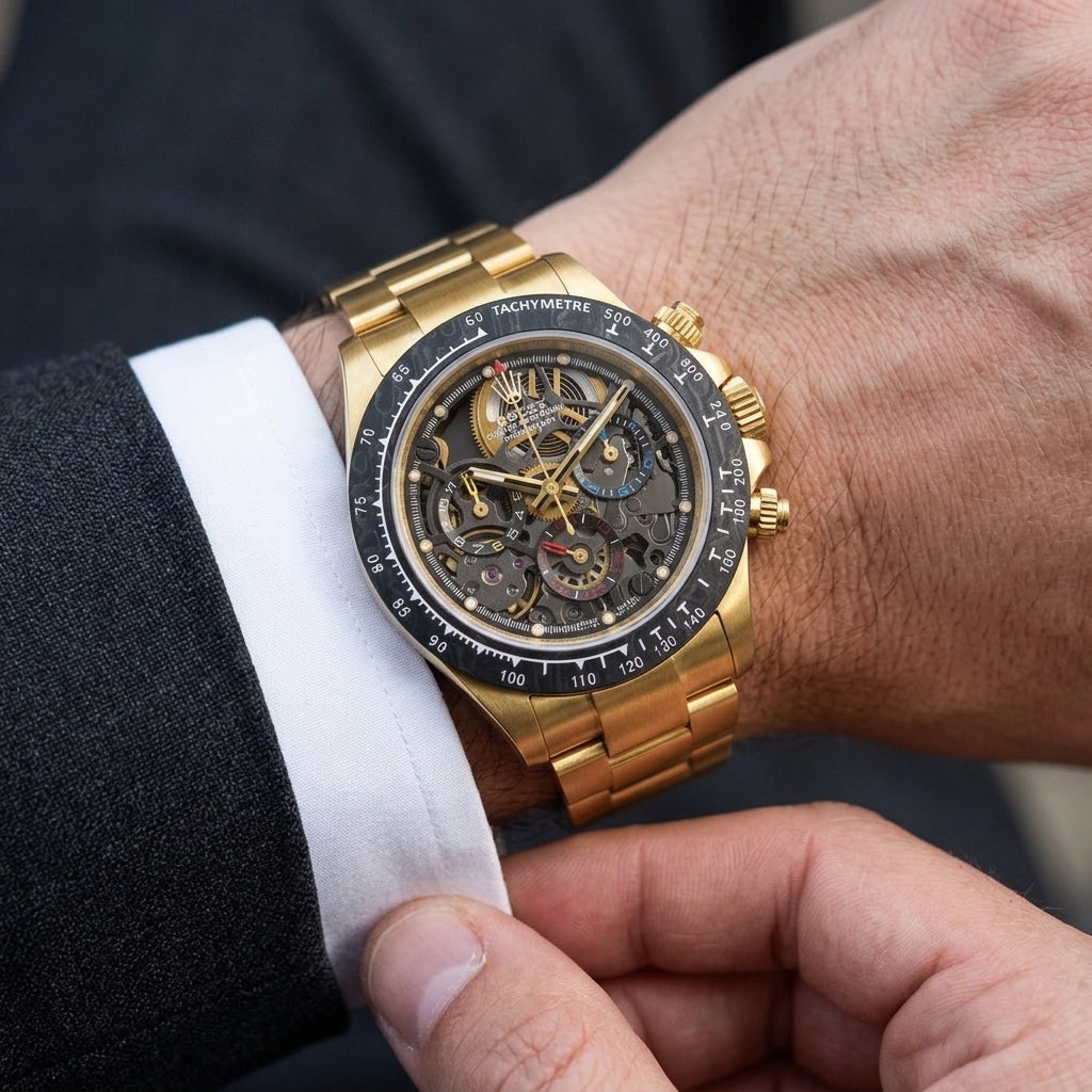 Yellow gold skeleton chronograph on the wrist as a shirt cuff is fastened