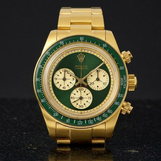 Yellow-gold chronograph with a deep green dial, three cream counters and a green tachymeter bezel, upright on polished black granite