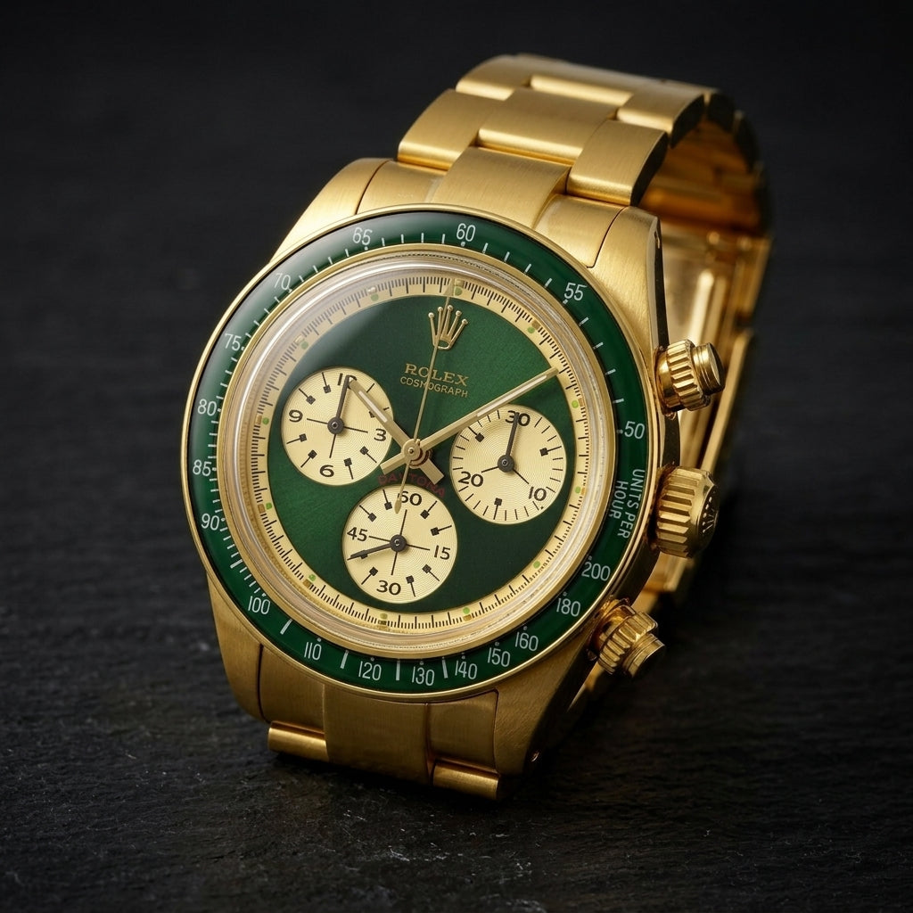 Yellow-gold chronograph at a three-quarter angle on dark slate, the fluted gold crown and pushers beside the green bezel