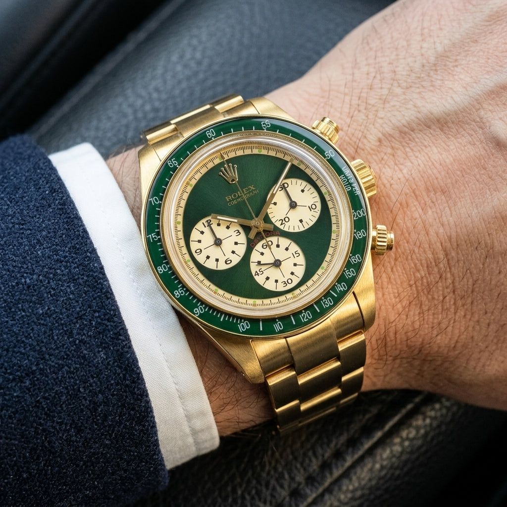 Yellow-gold chronograph with a green dial on its gold bracelet, worn on the wrist below a dark suit cuff