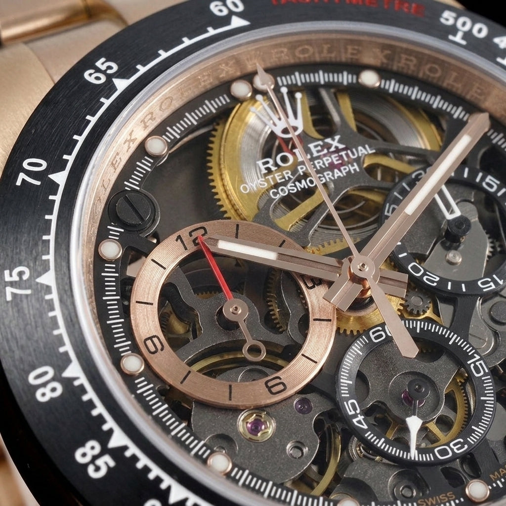 Macro of the open skeleton dial with gold-coloured wheels, rose gold hands and the rose gold counter at nine