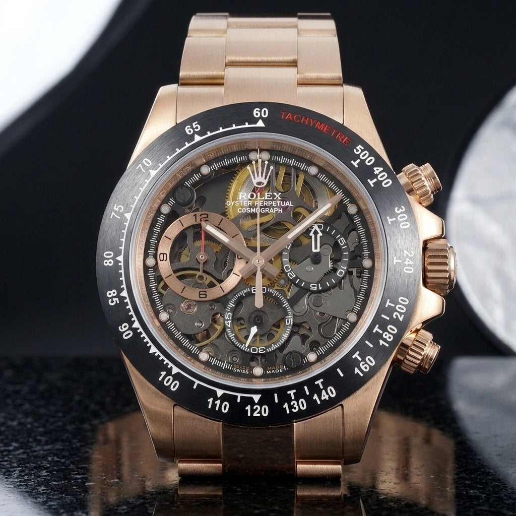 Rose gold skeleton chronograph on its rose gold bracelet, worn on the wrist below a dark suit cuff
