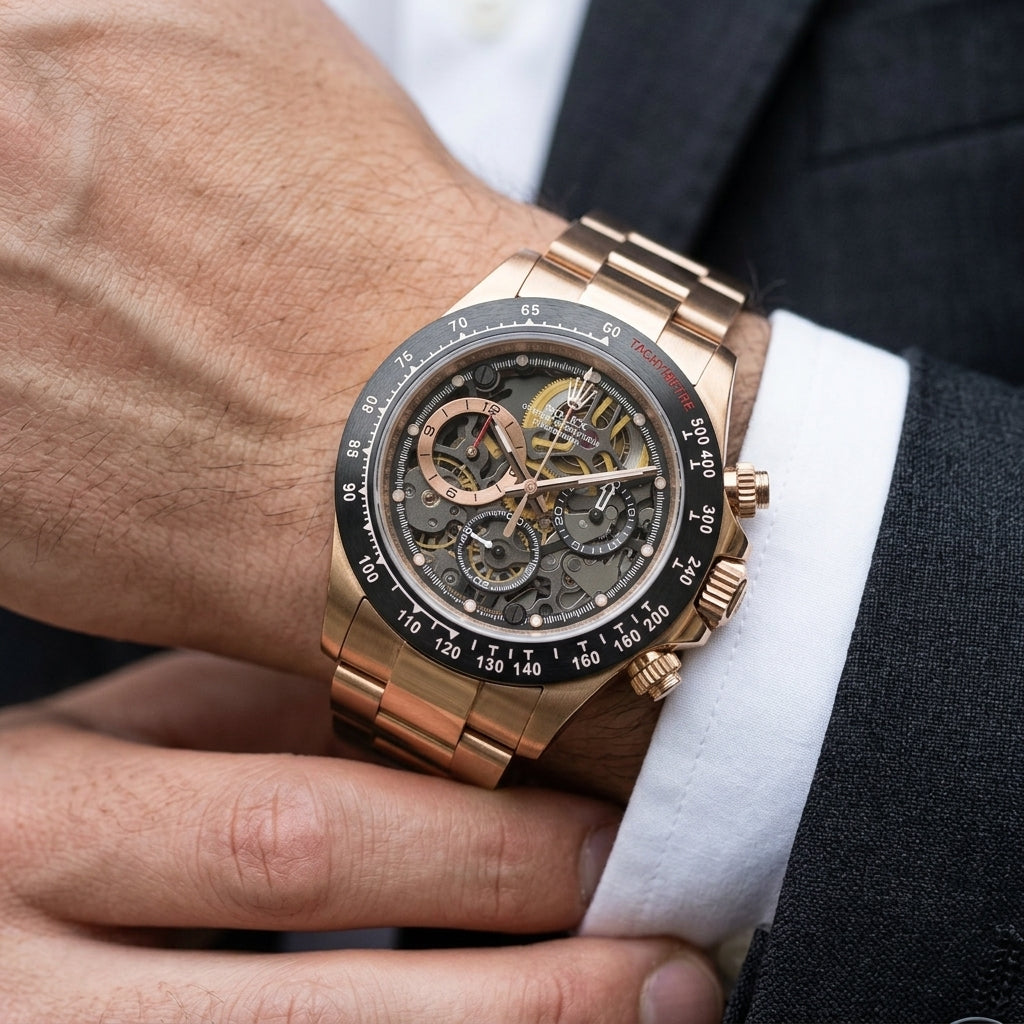 Rose gold skeleton chronograph with an open dial on the wrist as a shirt cuff is fastened