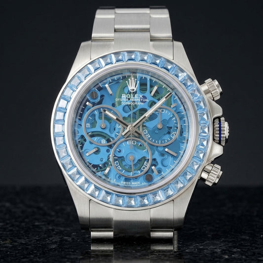 Steel skeleton chronograph with a sky-blue stone bezel and a sky-blue skeleton dial, upright on polished black granite