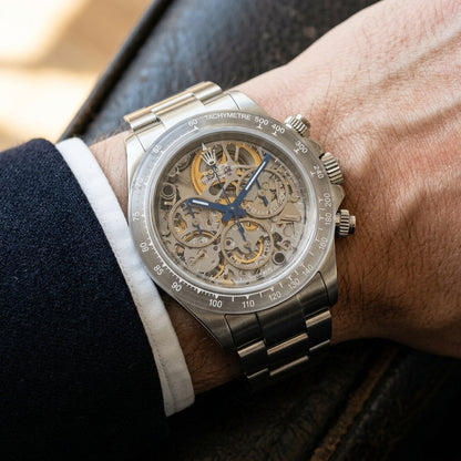 Steel skeleton chronograph on its three-row steel bracelet, worn on the wrist below a dark suit cuff
