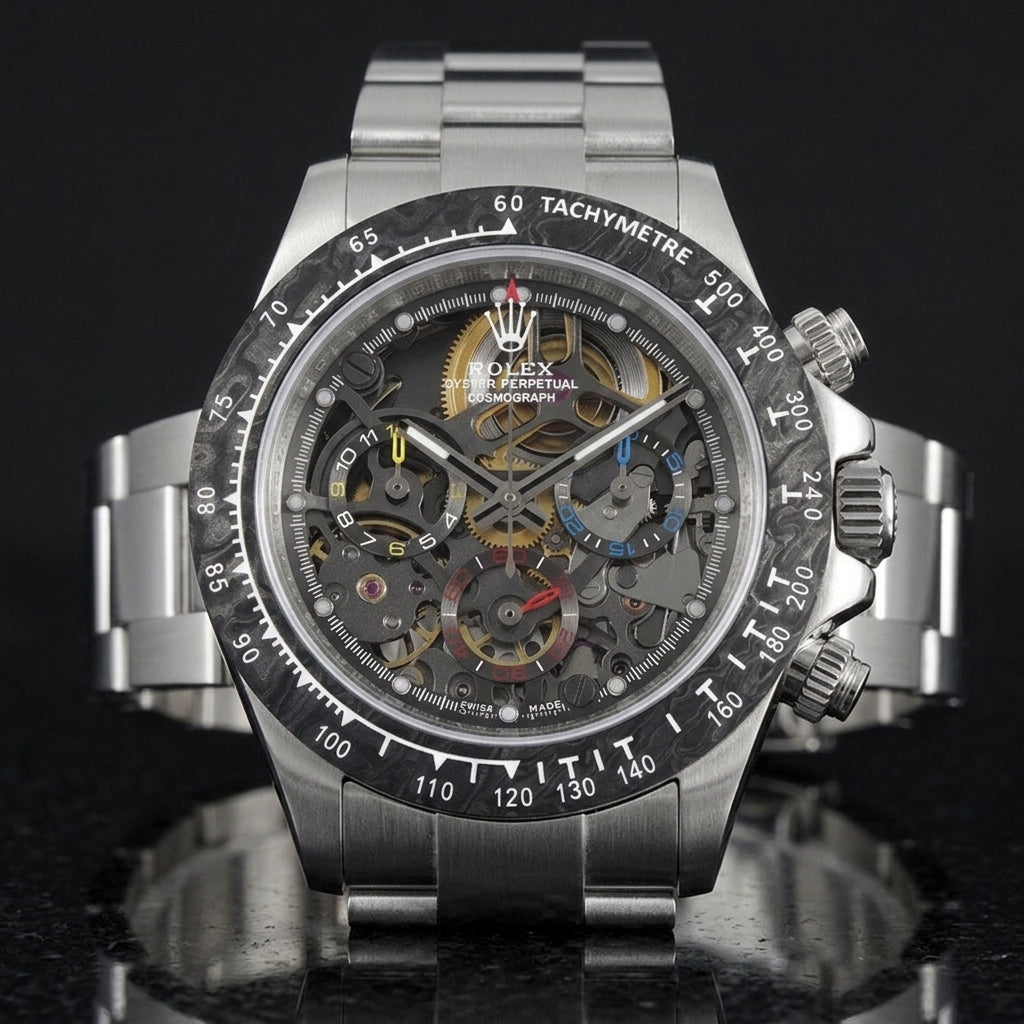 Steel skeleton chronograph with a marbled forged-carbon bezel and yellow, blue and red counters, upright on polished black granite