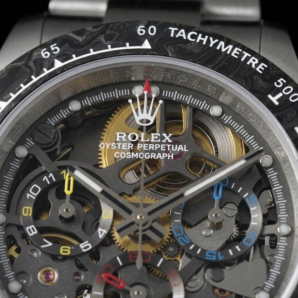 Macro of the skeleton dial with gold wheels, white luminous dots and the yellow, blue and red counters