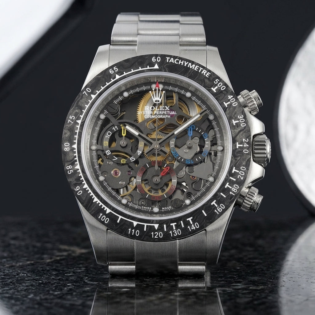 Steel skeleton chronograph with a carbon bezel on its steel bracelet, worn on the wrist below a dark suit cuff